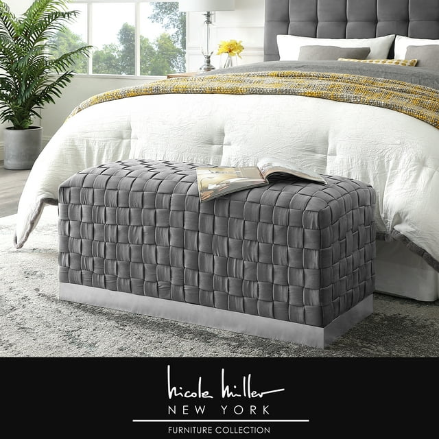 Nicole Miller Macheline Velvet Bench Intricate Woven Pattern Chrome Stainless Steel Base, Grey/Chrome