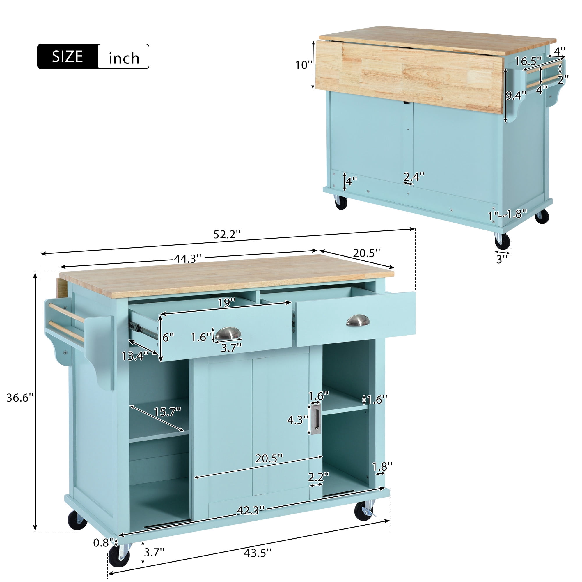 DEALTOPS 52.2 inch Kitchen Cart with Rubber Wood Drop-Leaf Countertop, Concealed Sliding Barn Door Adjustable Height, Kitchen Island on 4 Wheels with Storage Cabinet and 2 Drawers-Green