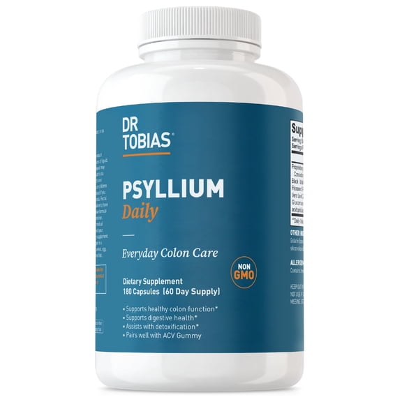Dr. Tobias Psyllium Daily, Supports Healthy Bowel Movement, Psyllium Husk Capsules with Bentonite Clay, Flaxseed & Natural Ingredients, Daily Fiber Supplement in Support of Colon Health, 180 Capsules