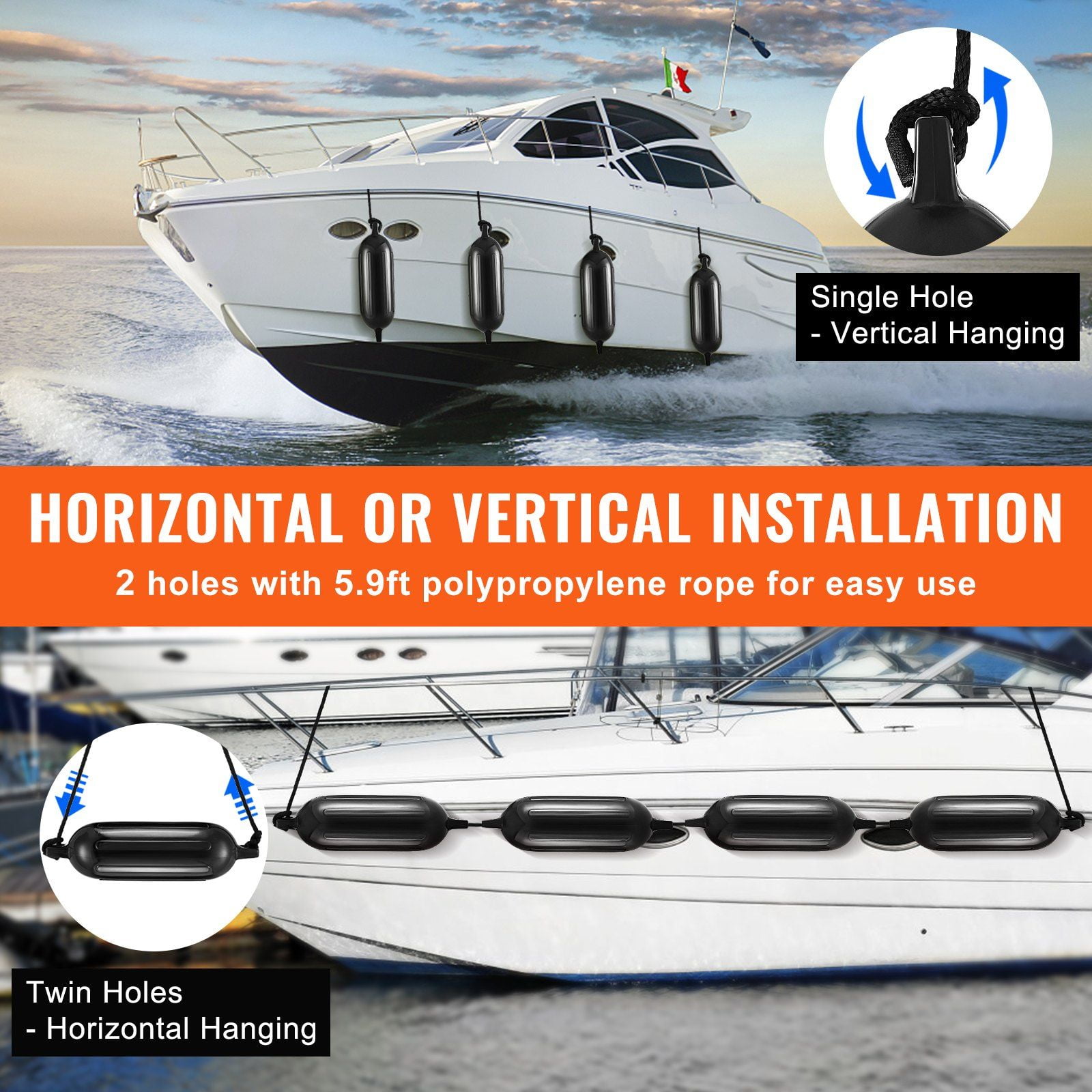 5.5x20 Inch Inflatable Boat Fenders (2-Pack) - Heavy Duty Ribbed Dock Bumpers with Ropes & Air Pump, Storage Bag - Marine Safety for Docking, Pontoon, Yacht (Black)