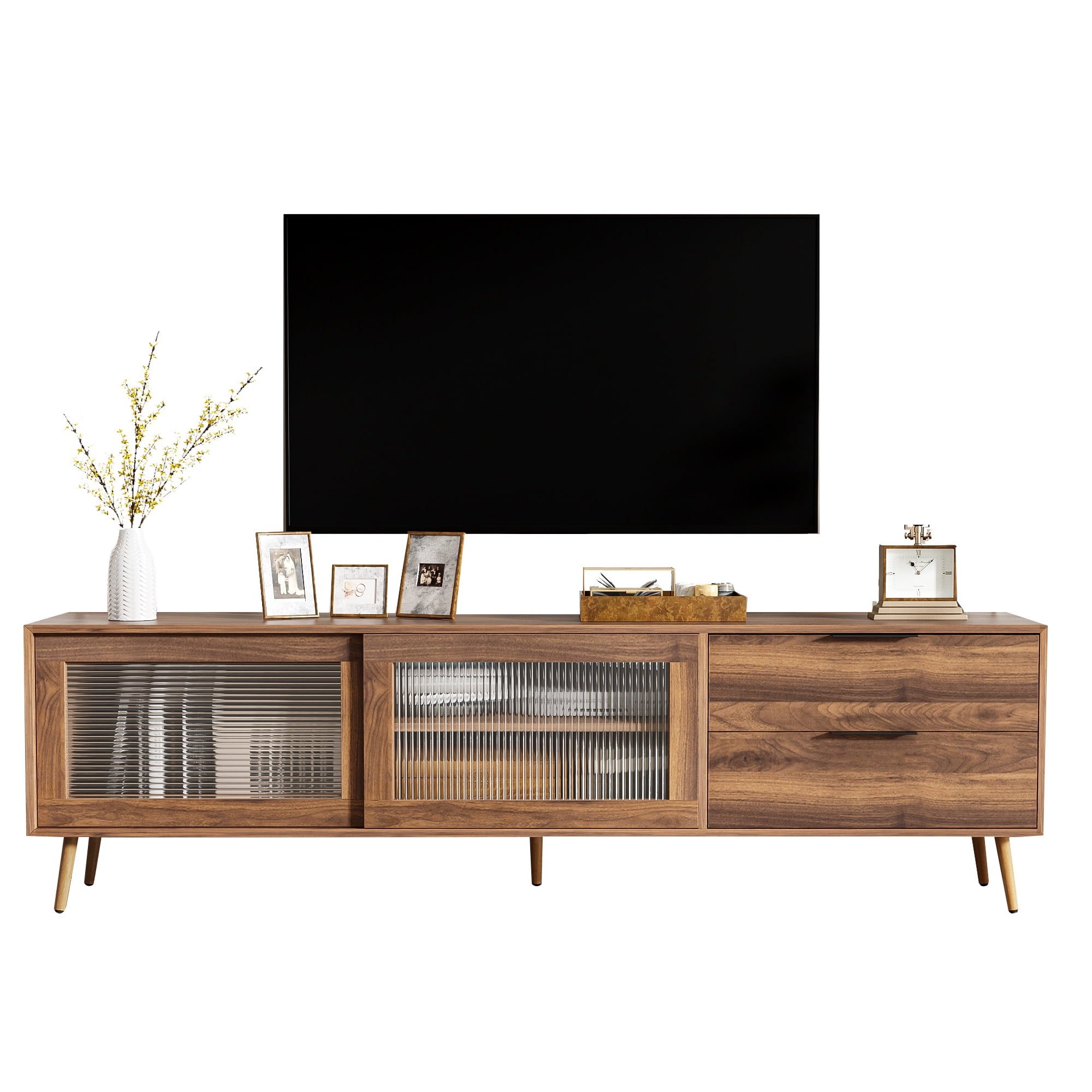 Paproos TV Stand for 75"-80" TV, Modern Entertainment Center with 2 Drawers & Storage Cabinet, 70” Television Stand with 2 Glass Doors, TV Console Table for Living Room, Bedroom, Walnut