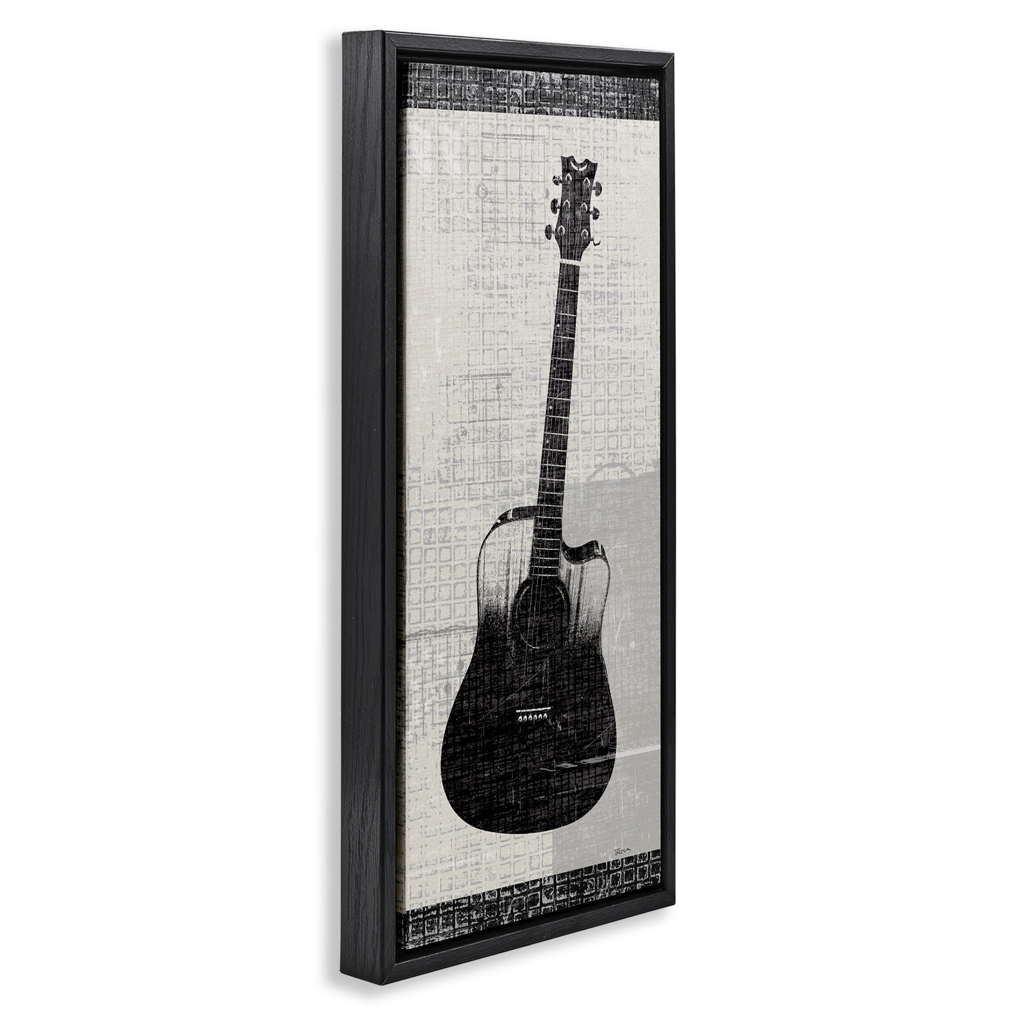 Stupell Industries Patterned Acoustic Guitar Performing Arts Painting Black Floater Framed Art Print Wall Art, 15 x 31