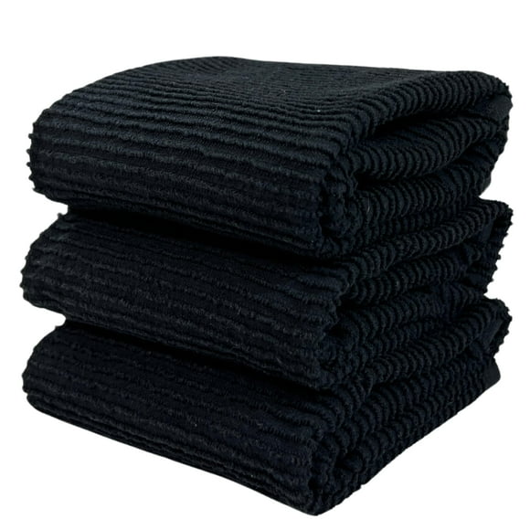 Serafina Home Oversized Solid Color Black Kitchen Dish Towels: 100% Cotton Cloth Soft Cleaning Drying Absorbent Ribbed Terry Loop, Set of 3 Multipurpose for Everyday Use (Black)