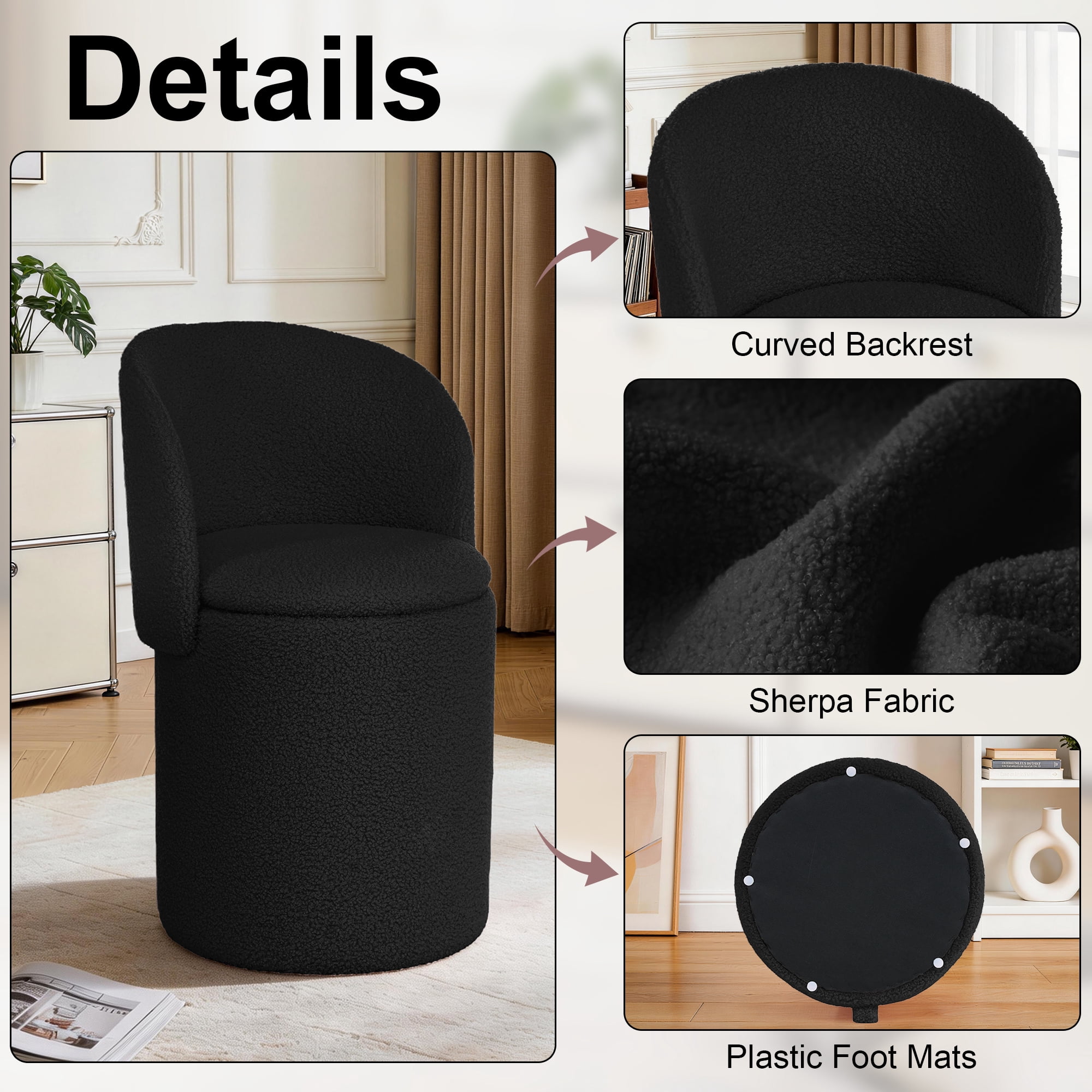 GEEYOO Modern Round Vanity Storage Stool,Sherpa Upholstered Ottoman with Foldable Backrest and Removable Lid,Comfy Makeup Stool for Bedroom Living Room,Black