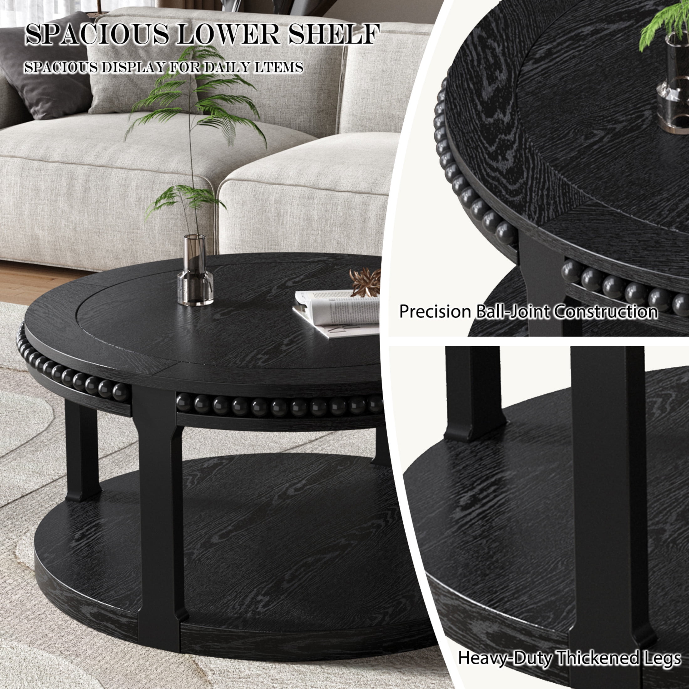Noble House Solid Wood Round Coffee Table for Living Room,2-Tier Rustic Wood Desktop with Storage Shelf Modern Design Home Furniture, Black