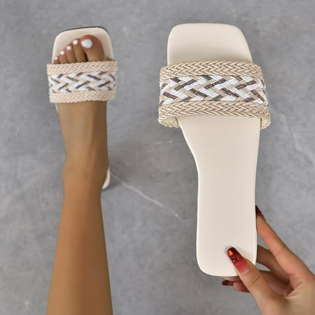 

Aayomet House Slippers Fashion Spring Summer Women Slippers Flat Bottom Lightweight Open Toe Woven Colorblock Upper Breathable Beige 9