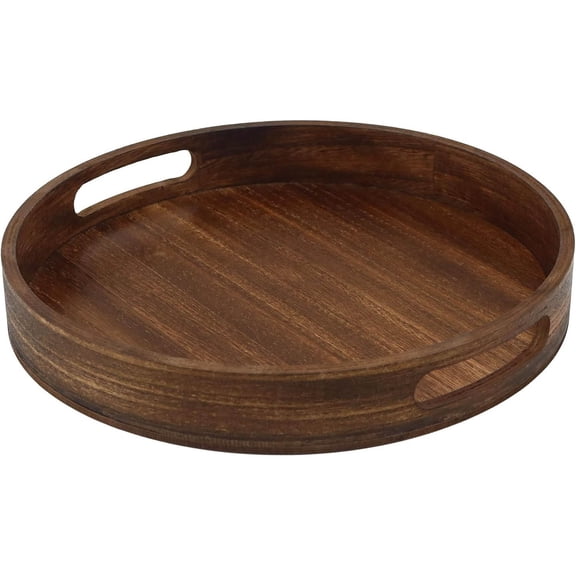 Round Decorative Tray, Wooden Serving Tray with Handles, Vintage Brown Decorative Trays for Coffee Table, Kitchen Counter
