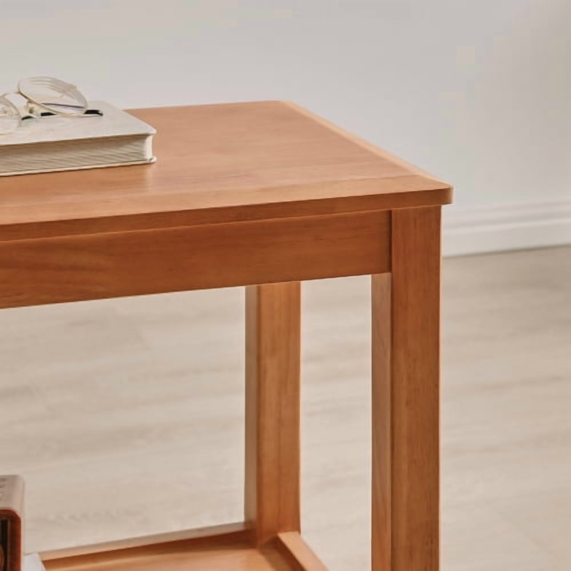 Solid Wood Rustic Side Table, 2-Tier End Table with Shelf, Rubberwood Sofa Table for Living Room, Cherry