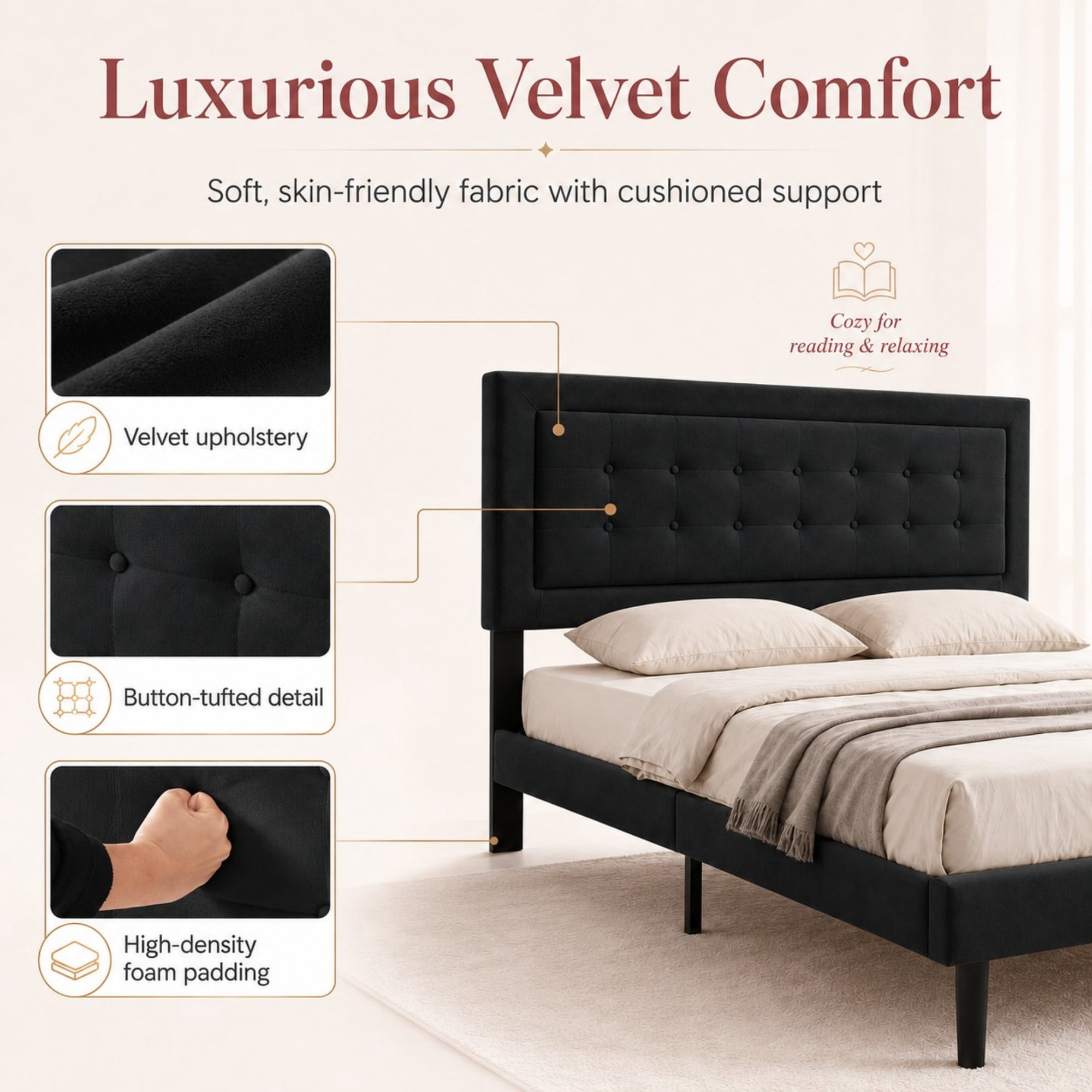 DEALTOPS Full Size Velvet Platform Bed Frame, Upholstered Tufted Headboard, No Box Spring, Black