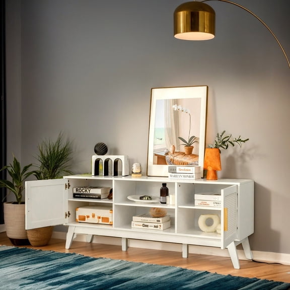 Resenkos Entertainment Centers,TV Stands,TV Stand Entertainment Media Console with 2 Rattan Cabinets and Open Shelves-White