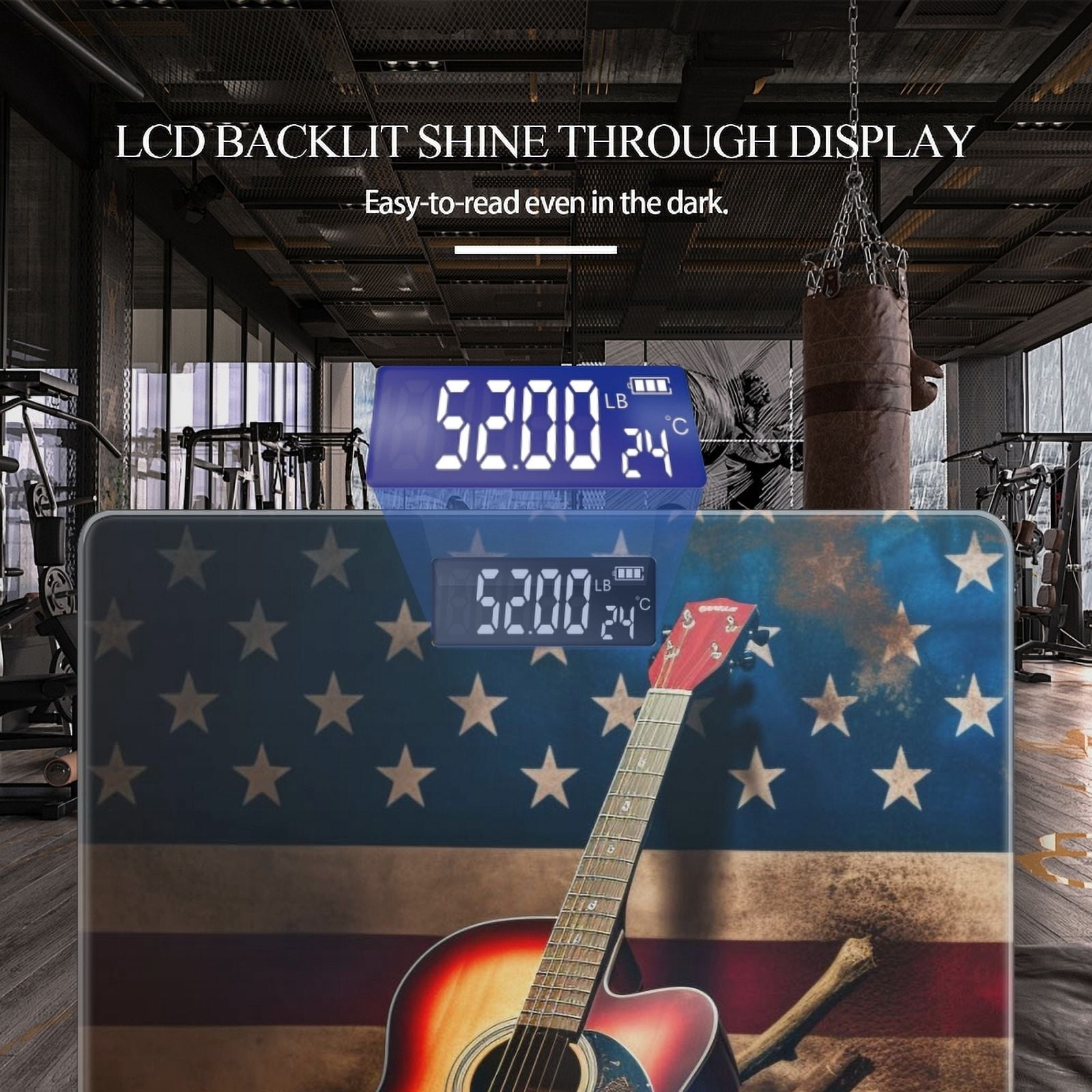 High Precision Body Weight Scale Smart Bathroom Scales with Large LCD Display(400lbs),Decorative for Bedroom-Acoustic Guitar With Wooden Pegs In Front Of American Flag