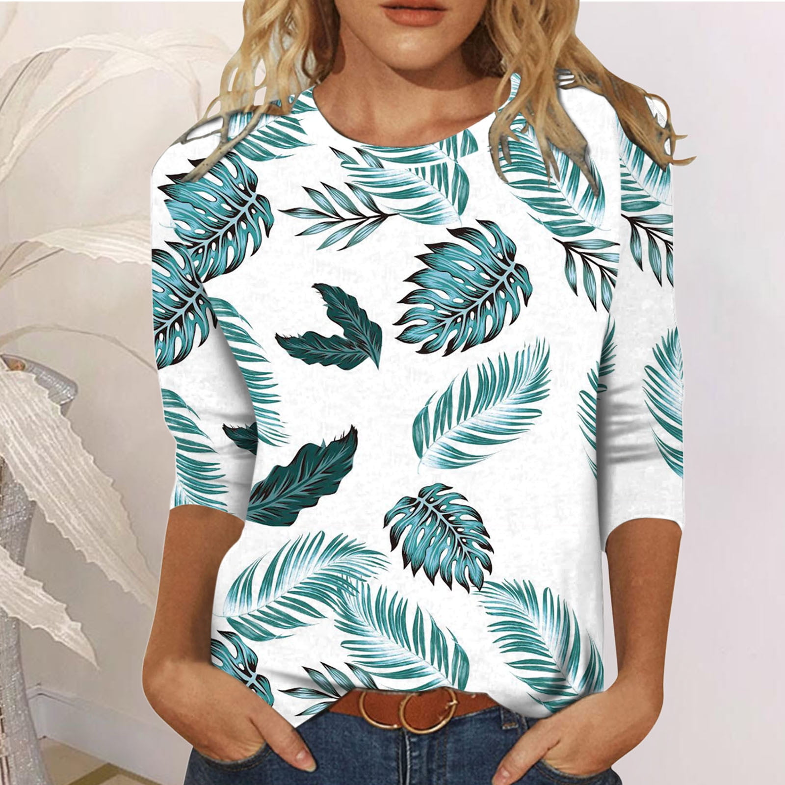 3/4 Sleeve Shirts for Women Round Neck Loose Tops Comfy Soft Blouses Summer Casual Print Pullover 
