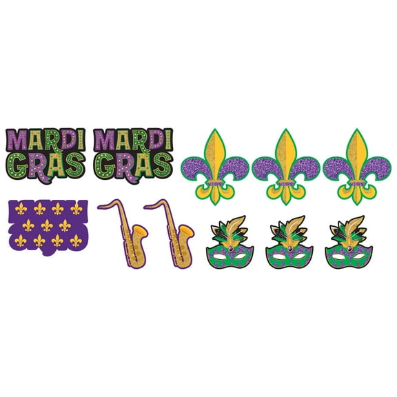 Mardi Gras 10 Mini Cutouts 4 to 7 inch Cutouts Paper Decorations