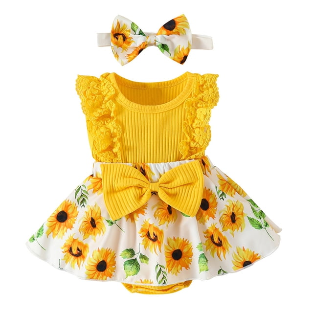 Zhuashum Robes pour Bébés Filles Imprimés Floraux Robe d'Été Col Rond Sans Manches Mode Décontractée Usage Quotidien 0-3 Mois Jaune