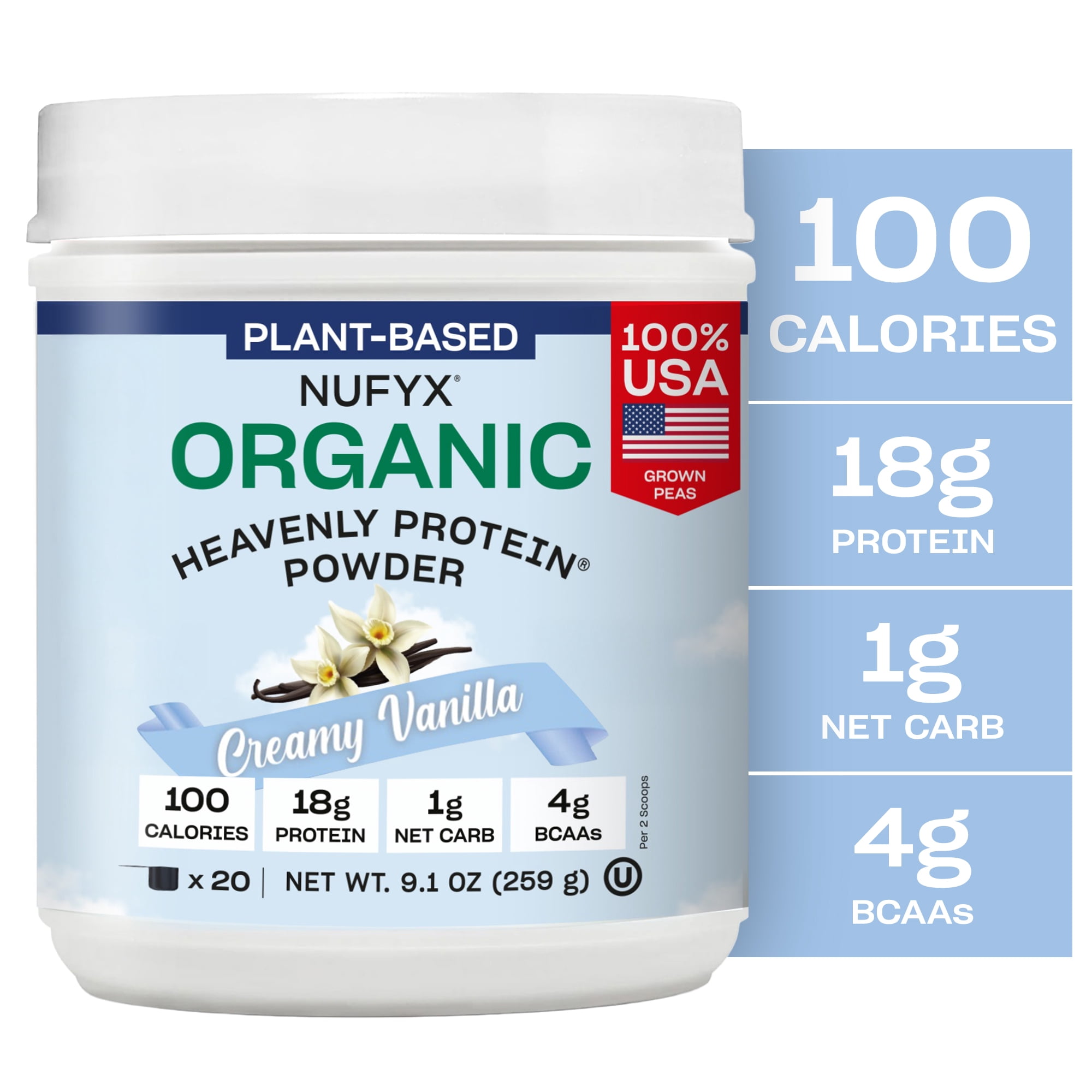 NUFYX Family Owned Organic Plant-Based Protein, Creamy Vanilla, 18g Protein per 100 Calories, USA Grown Peas