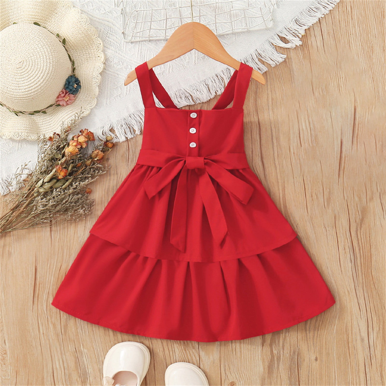 Kid Girl Sweet Button Design Solid Color Cami Dress