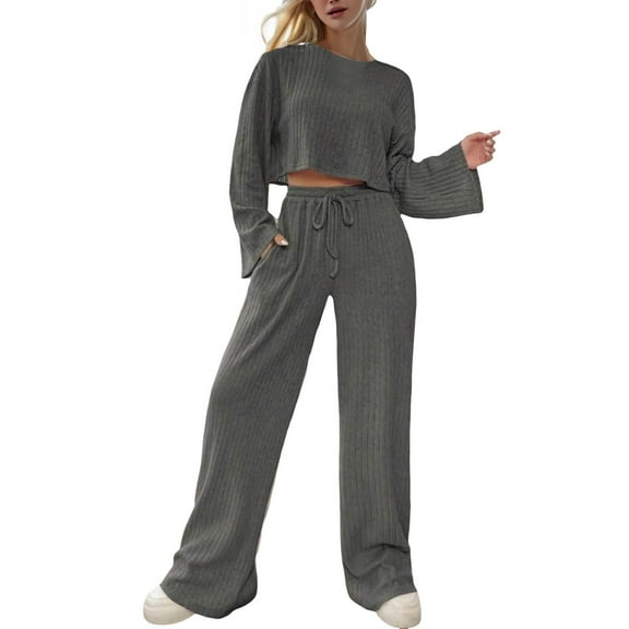 WENWU Women's Two Piece Knit Matching Outfits Crew Neck Slit Hem Tee and Pants Tracksuit Sets Womens Suits for Weddings Petite Pant Suits for Women Dressy