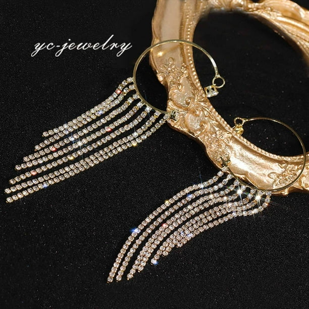 Fiudx Pendientes Largos con Borlas y Diamantes Brillantes para Mujer, Sin Perforaciones, 1 Par