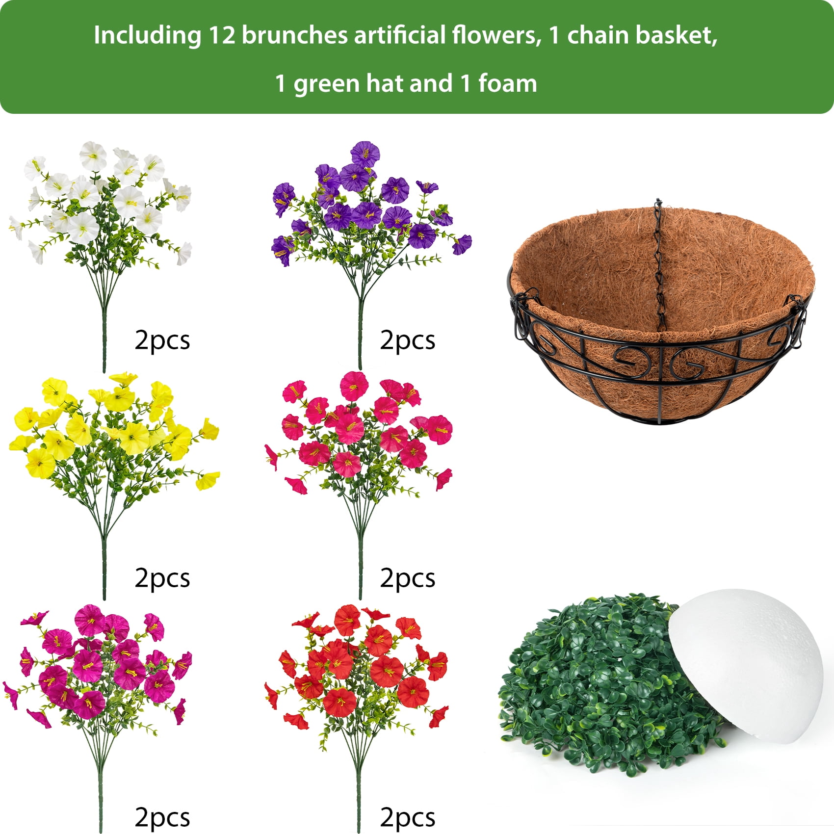 AcerichFad Artificial Hanging Flowers, 12 PCS Outdoors Fake Flowers Faux Plants with Coconut Lining Basket for Spring Summer Home Decoration, Multicolor