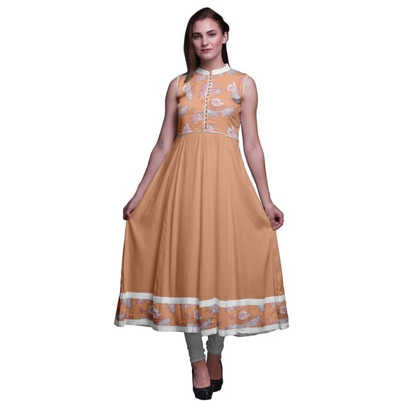 Bimba Light Peach Floral Anarkali Dress Mandarin Collar Sleeveless Kurtis for Women Print Maxi Dress XXX-Large
