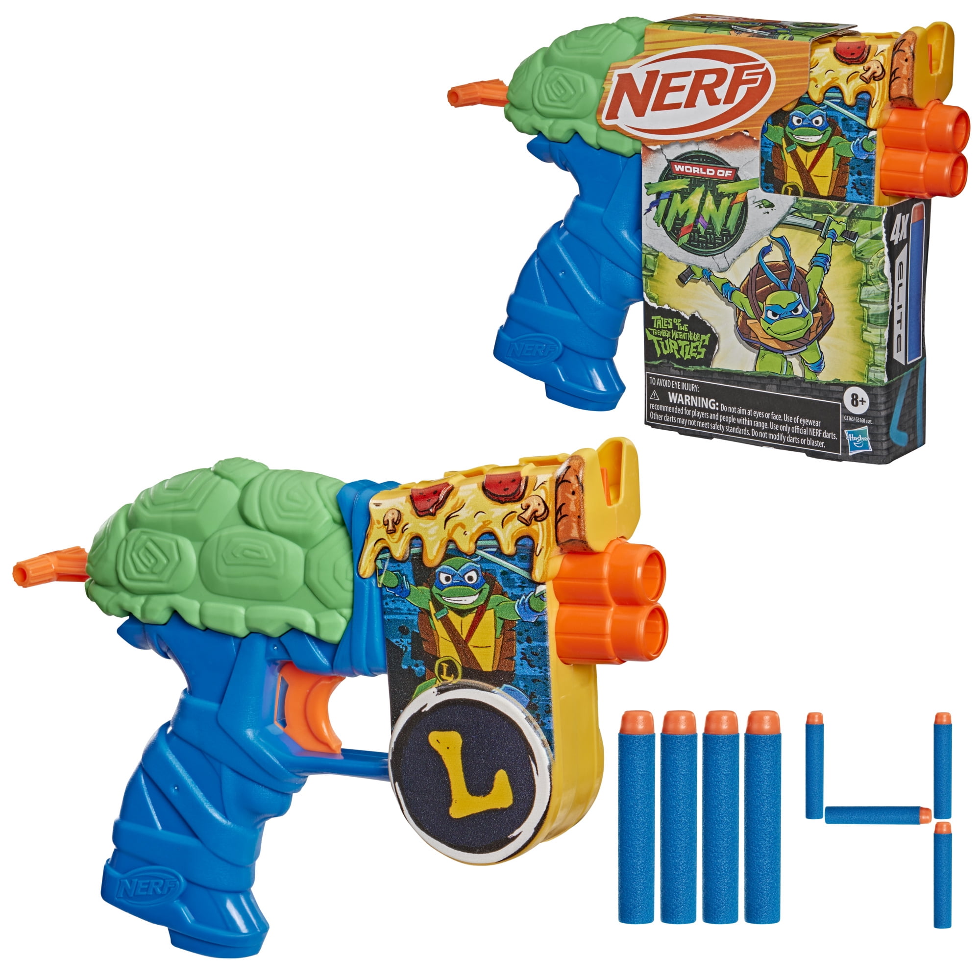 Nerf Leonardo Blaster with Teenage Mutant Ninja Turtles Theme, 4 Elite Darts, for Kids Indoor and Outdoor Play
