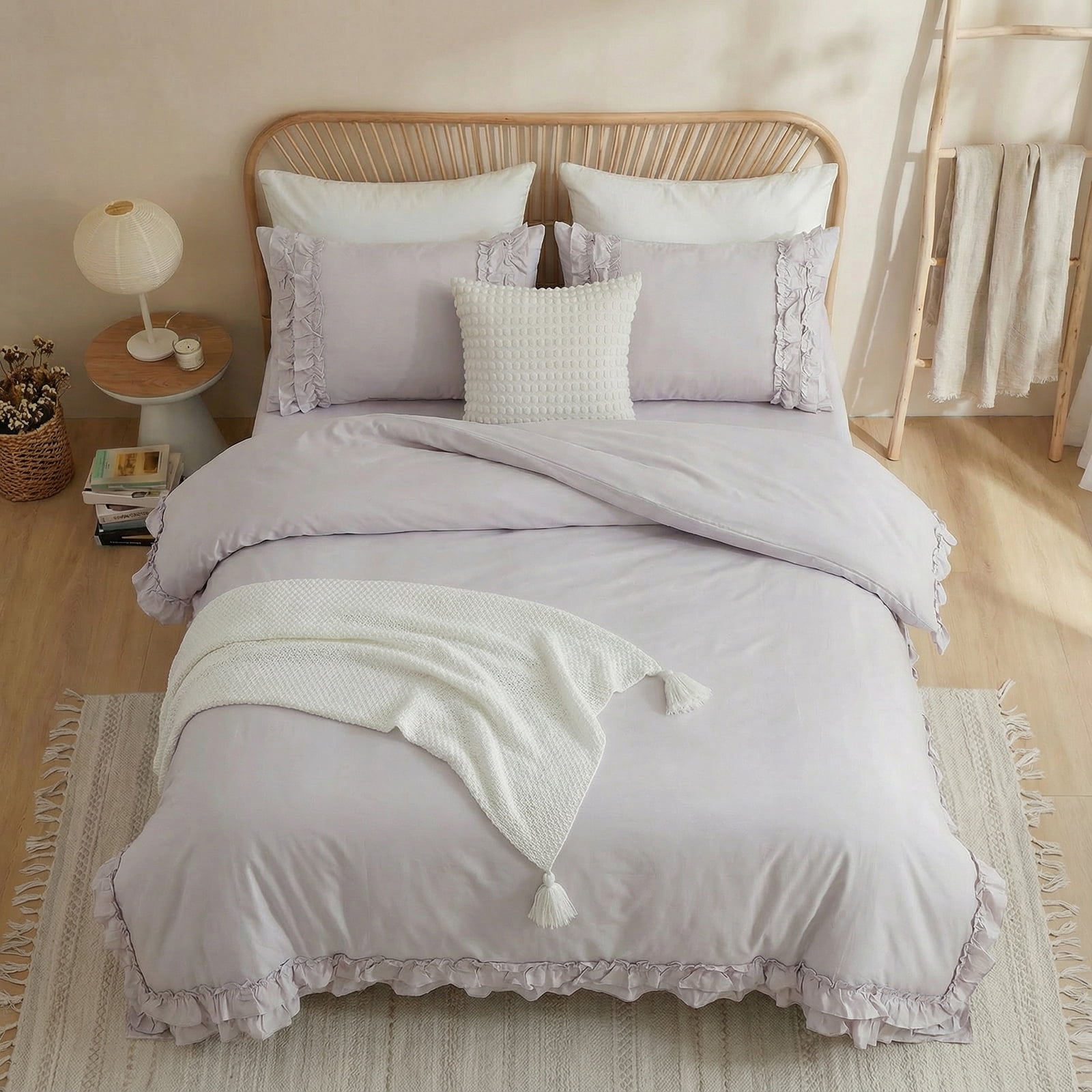 100% Cotton Ruffled Comforter Set Queen, White Shabby Chic Farmhouse Bedding Set French Country Cute Comforter Set