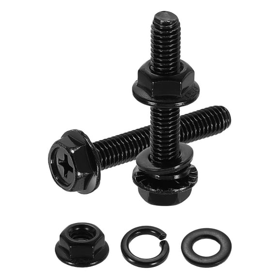 M6 x 35mm 10Pcs Phillips Flanged Hex Bolts with Nuts, Flat & Lock Washers, Black