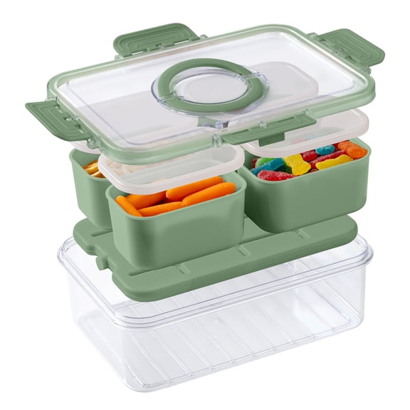 Cook with Color 4-Compartment Snack Box with Removable Ice Pack, Locking Lid and Handle, Dishwasher Safe, Sage