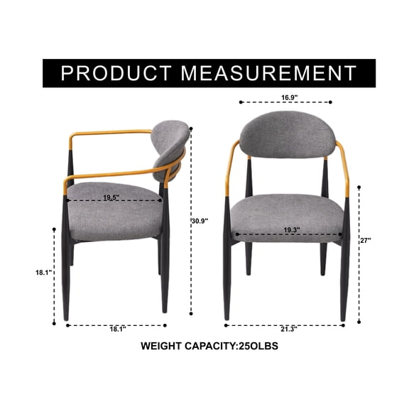 JUYG 2-Pack 22" Gray Fabric Dining Chair, Black Metal Frame, Gold-Accented Armrests