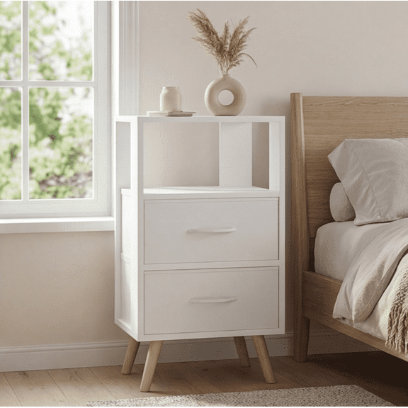 Modern Wooden Nightstand with Fabric Drawers, 3-Tier Storage Side Table for Small Spaces, Bedroom and Living Room