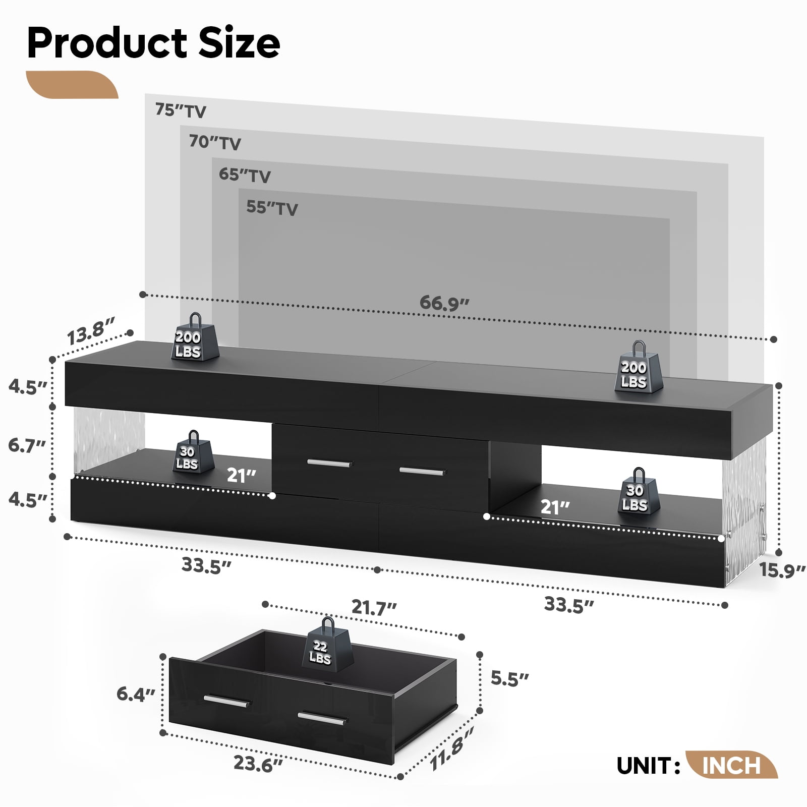 Bestier Black TV Stand for TVs up to 75", Modern Entertainment Center for TVs with LED Light, High Gloss TV Console Table with Storage Drawers