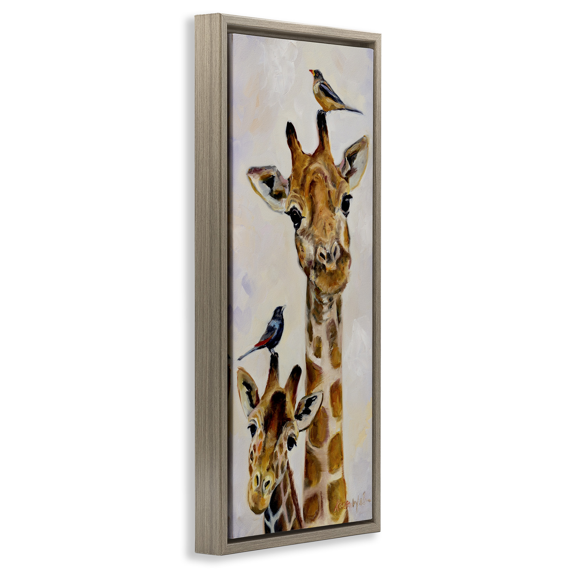 Stupell Industries Giraffe & Perched Birds Animals & Insects Painting Brown Floater Framed Canvas Art Print Wall Art, 15 x 31