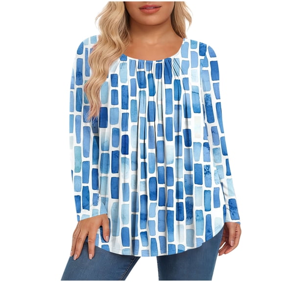 Qgtaibl Women Long Sleeve Pleated Tunic Tops Crew Neck Flower Print Casual Blouses Plus Size Loose Fit Boho Shirts for Vacation Outfits Light Blue L