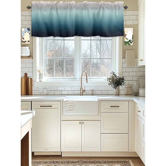Kitchen Valances for Window, Black Teal and Gray Color Ombre Light Filtering Rod Pocket Valance Curtain, Modern Abstract Stripe Art Short Curtains Window Topper for Bedroom Living Room 54x18in