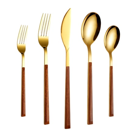 Xiao Hua 20 piece set (4-person) Golden tableware set, simulated wood grain pattern handle tableware, ergonomic handle, suitable for family dining and vacation gatherings