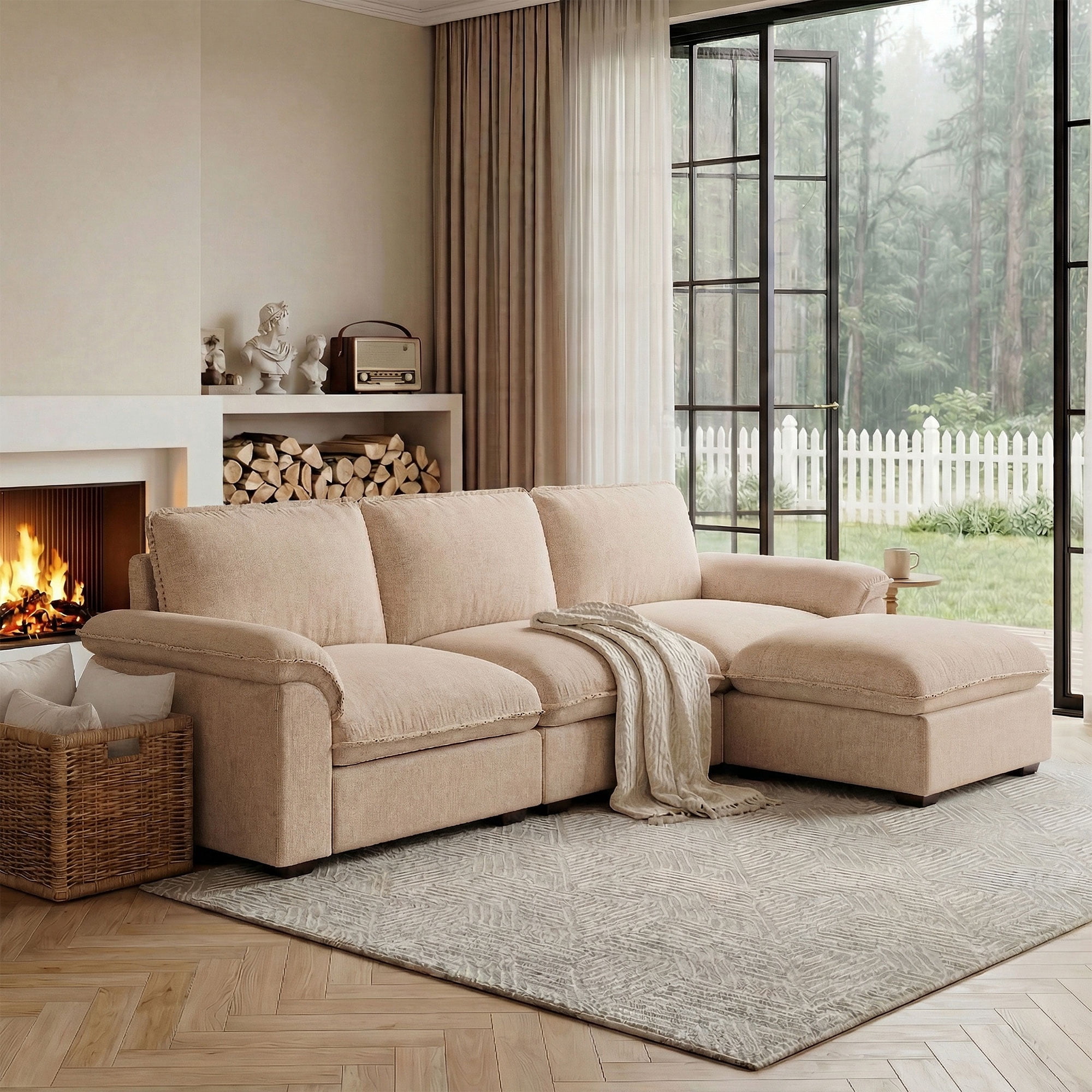 Carzzi-Life 102" Sofa Couch for Living Room, Modern Comfy Sofa with Extra Depth Seat and Ottoman, 3 Seater Chenille Couches for Living Room Apartment, Coffee