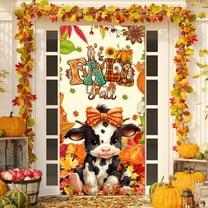 Dtchengua Autumn Thanksgiving Door Cover - 71x36Inch Hello Fall Farm Cartoon Cow Design for Home , Thanksgiving Party Supplies