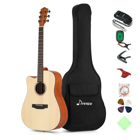 Donner Left Handed Acoustic Guitar Cutaway DAG-1CL 41 inch Full-size Beginner Guitar Package & Tuner String Strap (Best Left Handed Guitars)