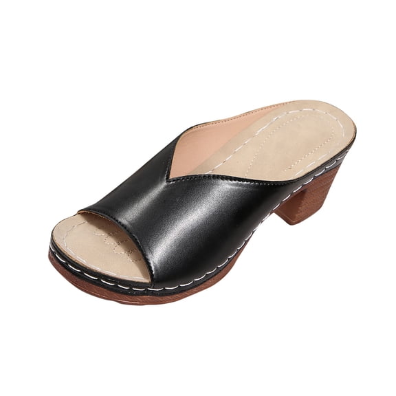 Summer Sandals for Women Trendy,Chunky Heel Slip on Open Toe Square Toe Comfortable Heeled Sandals for Long Walk Casual Shoes Dressy Black Women Sandal