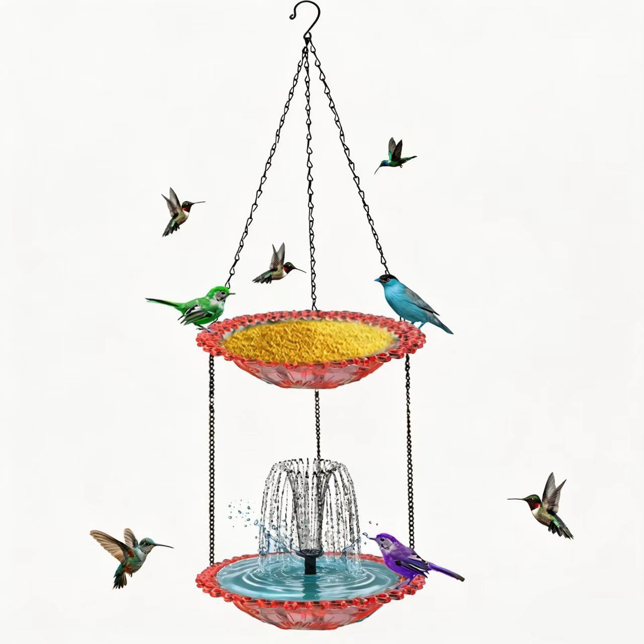 Hanging Solar Bird Bath Fountain, Solar Powered Cascading Outdoor Water Fountain, Hanging Bird Bath with Water for Outdoors Garden Patio Backyard Lawn Decor