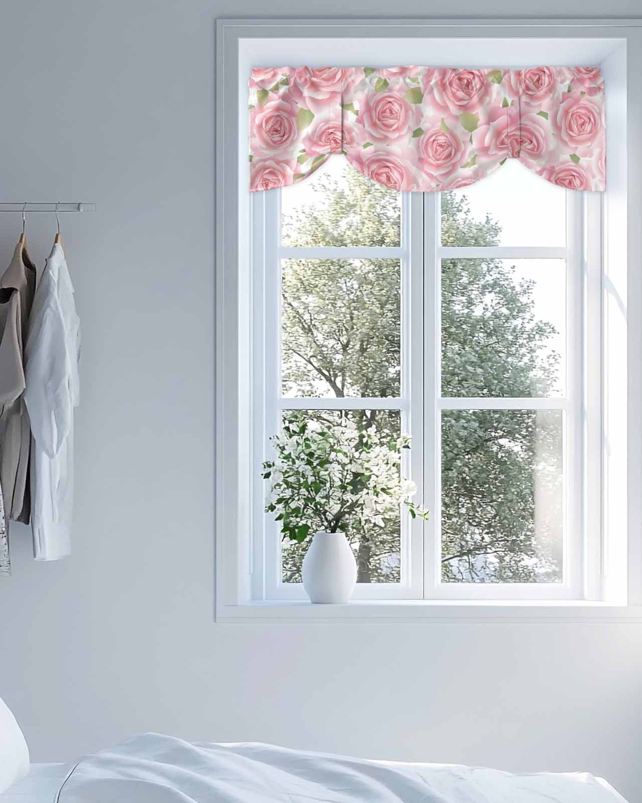 Pink Rose Floral Tie Up Valances Curtain, Adjustable Kitchen Flowers Leaves Pastoral Plant Classic Valances for Windows Decor, Rod Pocket Short Curtains Set for Bedroom/Bathroom, 54"x18"