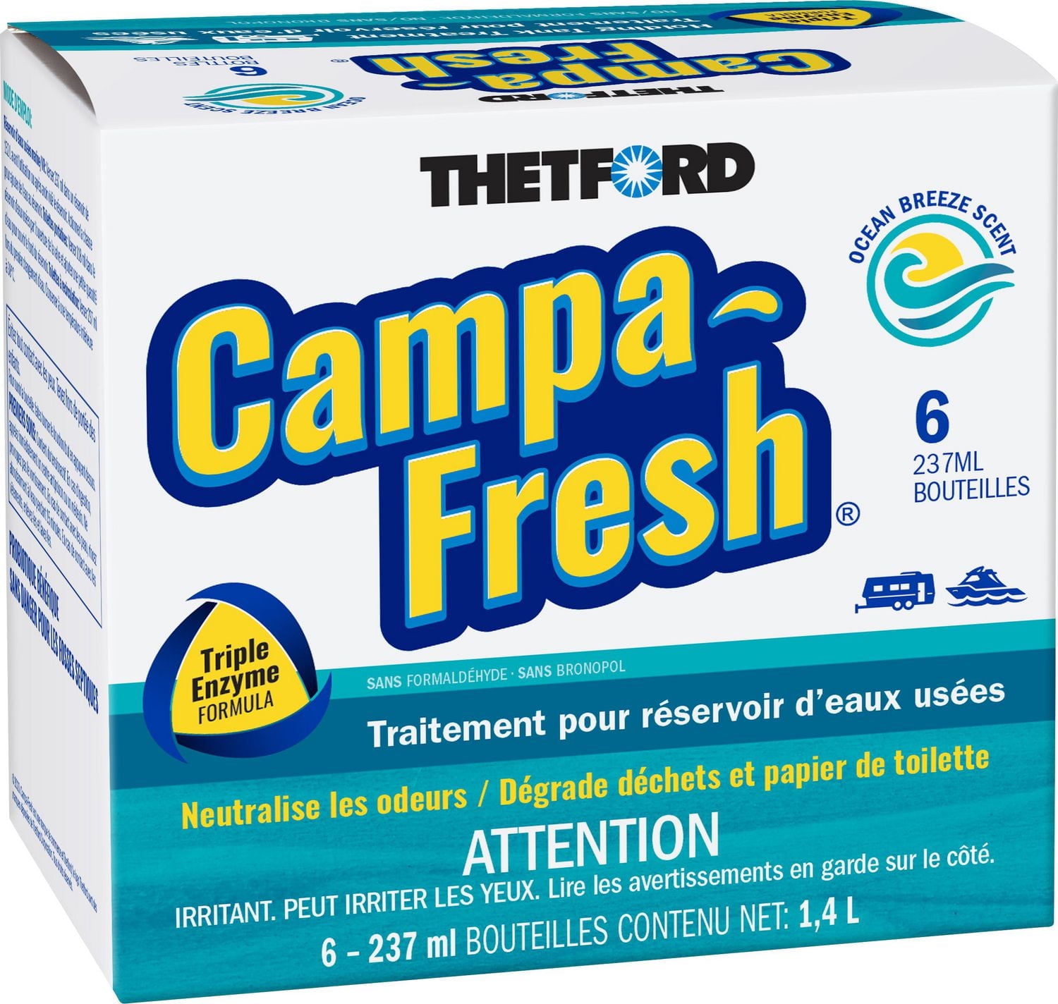 Liquide de traitement pour réservoir d’eaux usées Campa-Fresh® Ocean Breeze de Thetford, 6 bouteilles x 250 ml (8 oz) CAMPA-FRESH OCEAN BREEZE 6 x 250 ML (8 OZ)