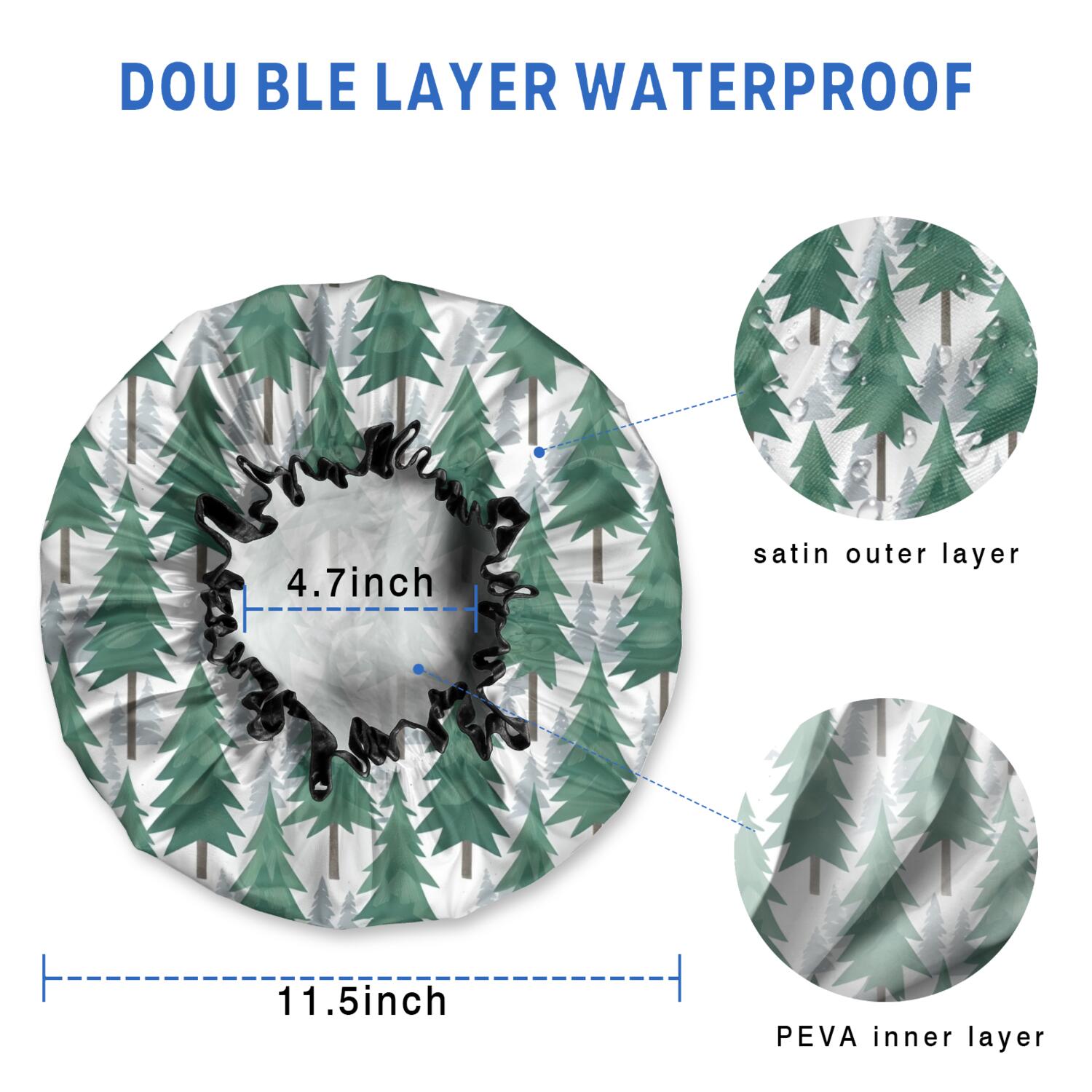 Shower Caps,Green Christmas Tree Pattern Waterproof Shower Cap for Women 4 Pieces,Double Reusable Hair Cover for Shower PEVA Elastic Stretch Hem