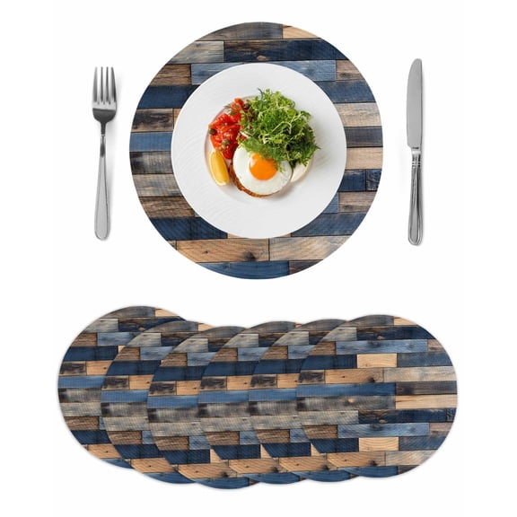 Navy Blue Brown Wood Round Placemats Set of 6 for Dinning Tables,Heat-proof Braided Table Mats 13 Inch,Farmhouse Vintage Wooden Washable Place Mat for Kitchen Restaurant Party Decor Table Setting