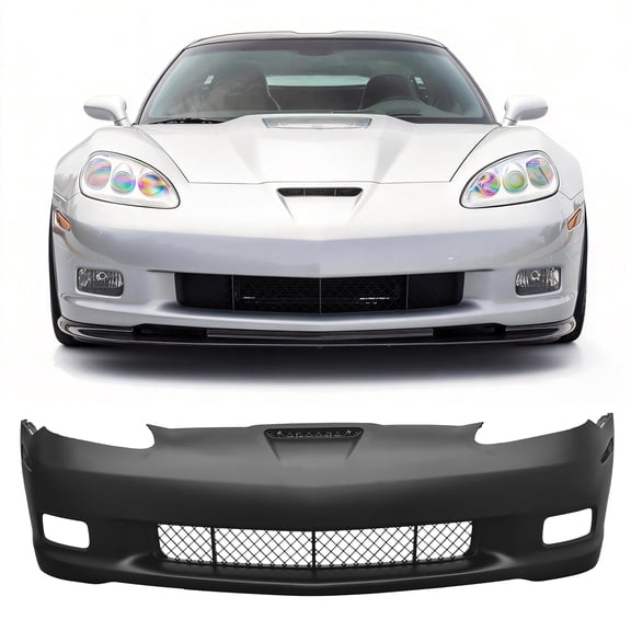 Ikon Motorsports Front Bumper Cover, Compatible with 2006-2013 Chevrolet Corvette 427/Grand Sport/Z06/ZR1, Z06 Style Unpainted Black PP Polypropylene Replacement Bumper Conversion Bodykit with Grille