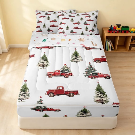 Erosebridal Christmas Truck Zipper Twin Comforter Sets with Fitted Sheet and 2 Pillowcases, Christmas Tree Zipper Bedding Set, White Christmas, Xmas Reversible
