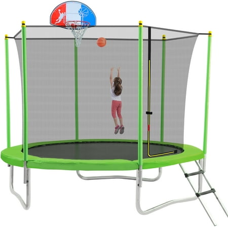 Lykos 10FT Trampoline for Kids with Safety Enclosure Net  Basketball Hoop and Ladder  Easy Assembly Round Outdoor Recreational Trampoline