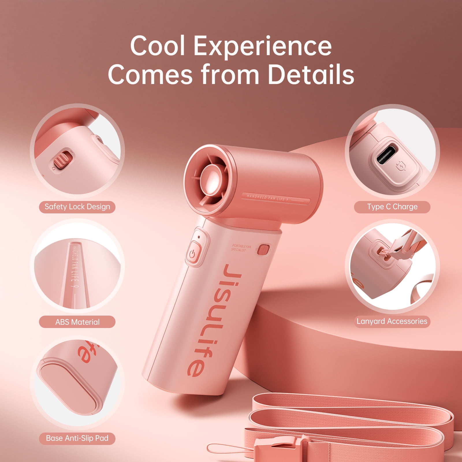 JISULIFE Portable Handheld Fan, Powerful Turbo Brushless Motor [12H Battery Life], 3600mAh USB Rechargeable, 5-Speed, Mini Pocket Design, Gift for Women Men, Travel Outdoor Use-Pink