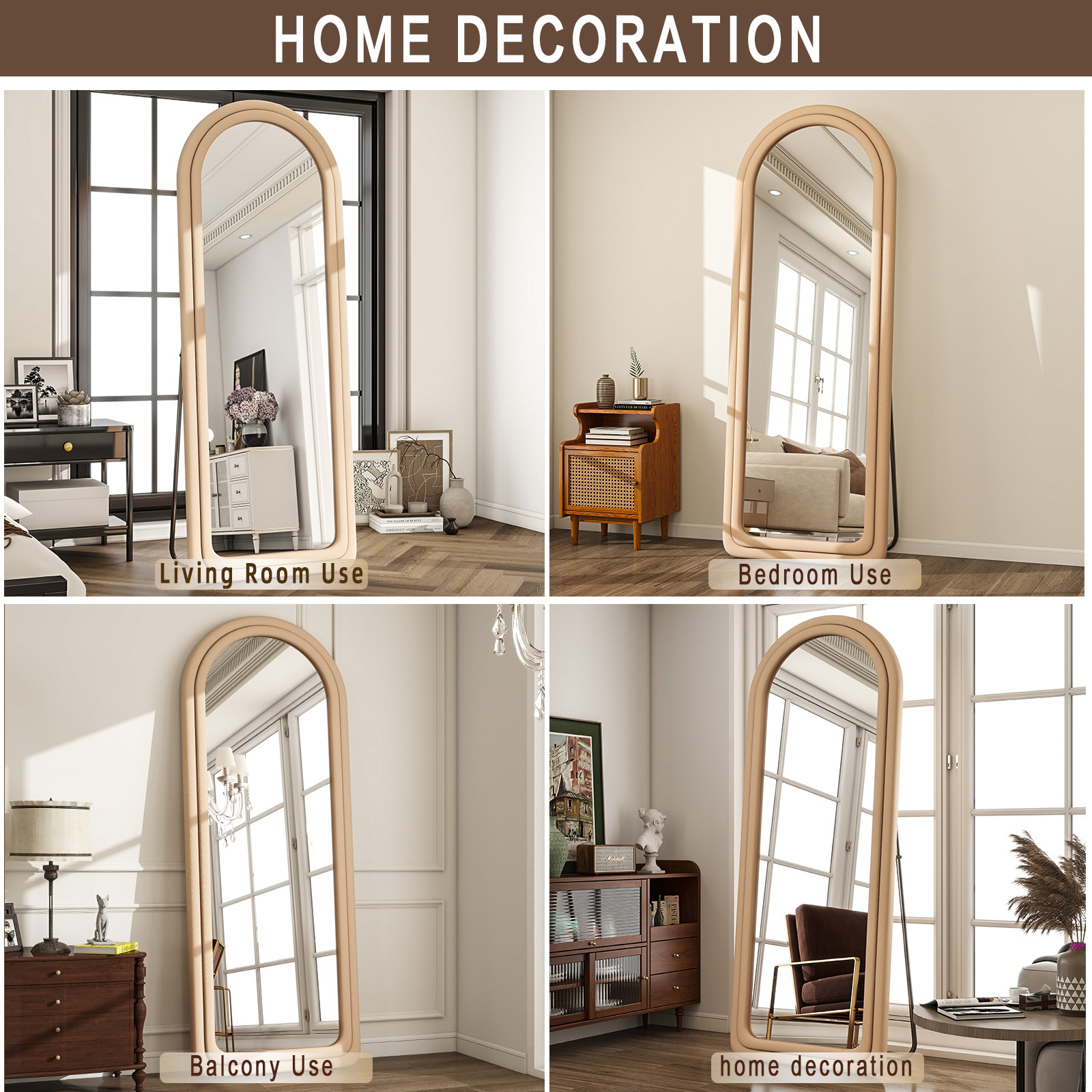 Anyrose 63"x24" Arched Full Length Mirror Round-Edge Floor Mirror With Flannel Frame, Light Brown