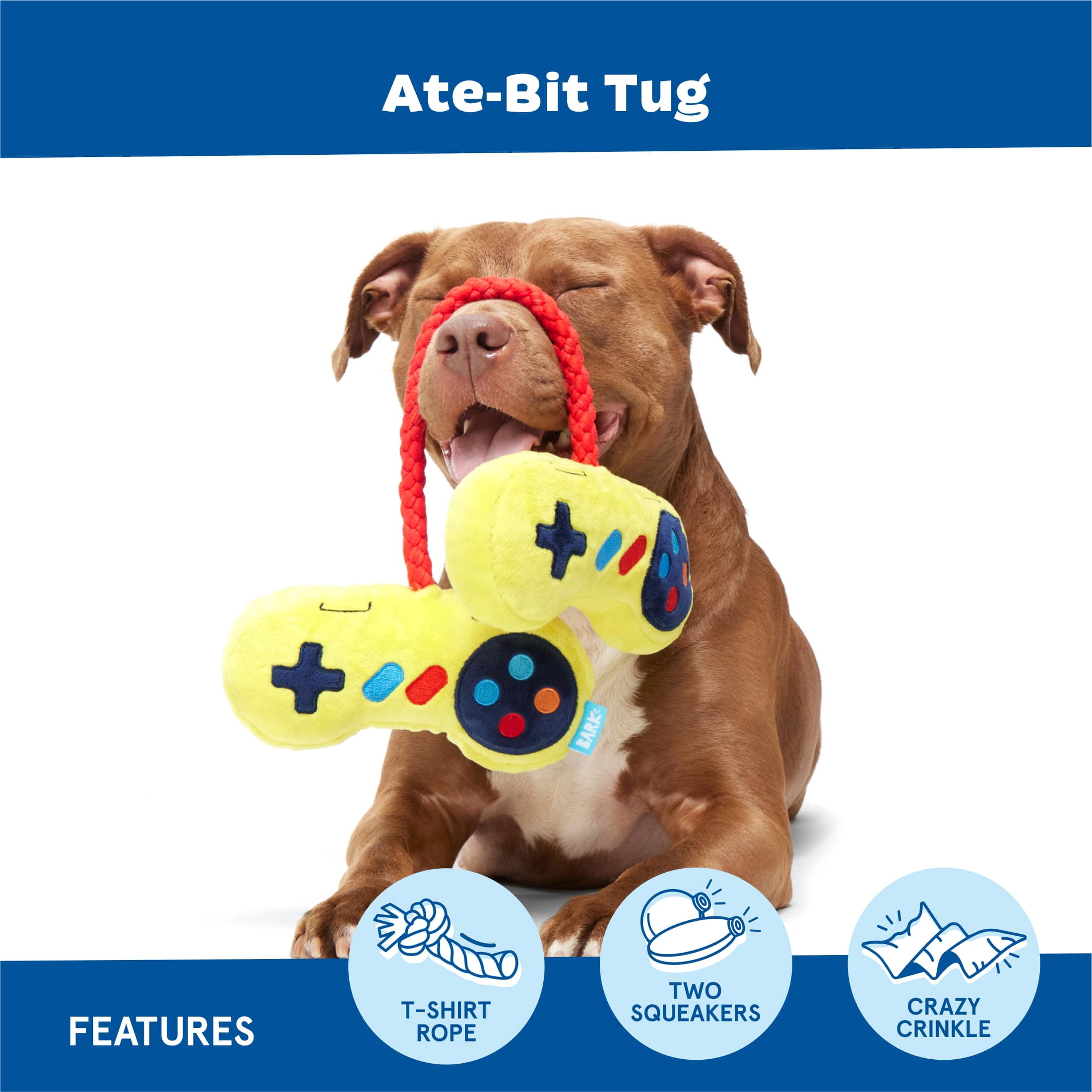 BARK Ate-Bit Tug Game Console Plush Dog Toy with Crinkle and Squeaker, Small to Medium